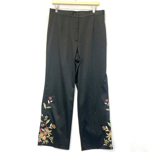 Y2K Spenser Jeremy 16W Black Satin Floral Embroidered Wide Leg Dress Pants Boho - Picture 1 of 15